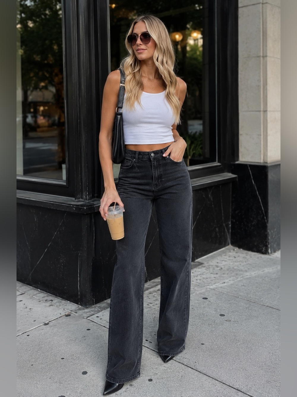 Quince Black Bella Stretch Relaxed High-Rise Wide Leg Jeans Charcoal Size 26